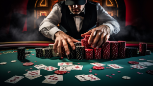 Casino dealer organizing poker chips on table.