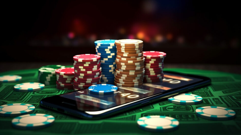 Poker chips stacked on a smartphone screen.