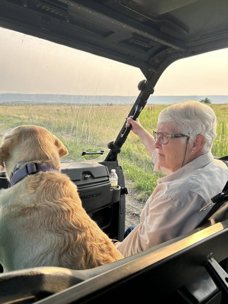 Elderly person and dog in vehicle outdoors.