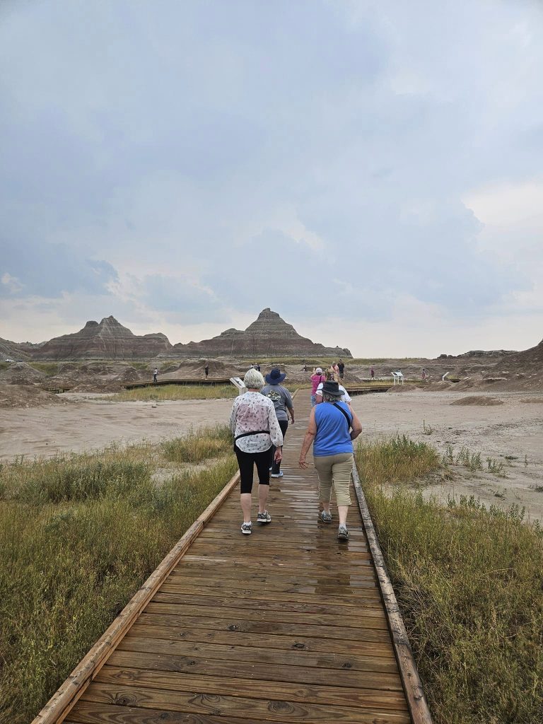 People walking on a wooden path outdoors.