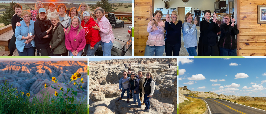 Group photos and scenic landscapes with flowers.